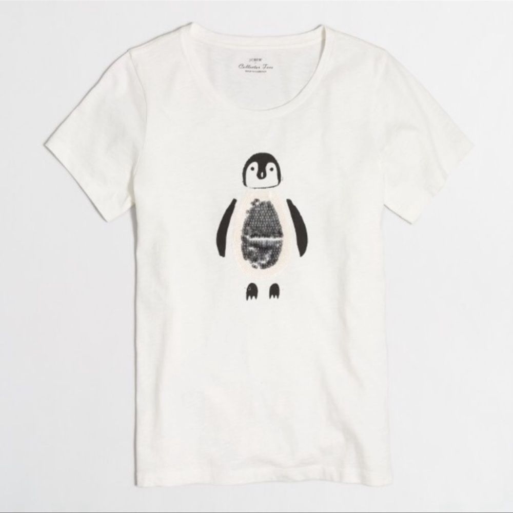 J.CREW Collector Tees Sequin Penguin XS/SMALL White/Black VGC!